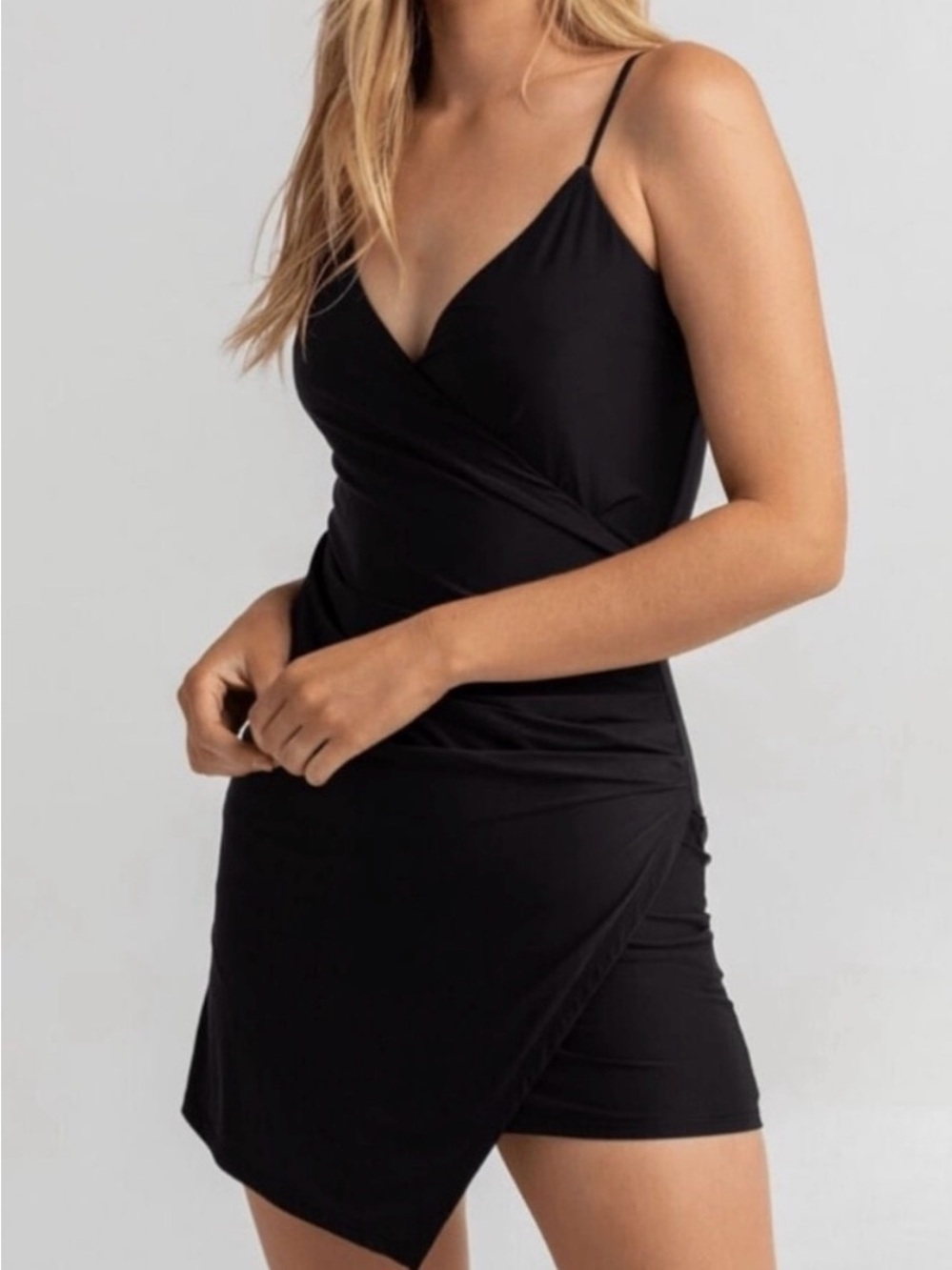 NWOT Lumiere Black Wrap-Style Spaghetti Strap Mini Dress